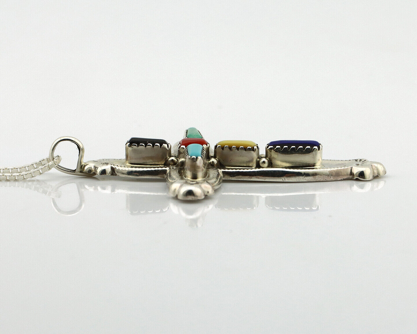 Zuni Handmade Cross Necklace 925 Silver Natural Gemstone Signed E Kaskalla C.80s