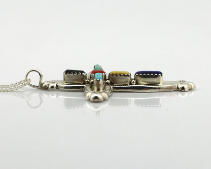 Zuni Handmade Cross Necklace 925 Silver Natural Gemstone Signed E Kaskalla C.80s