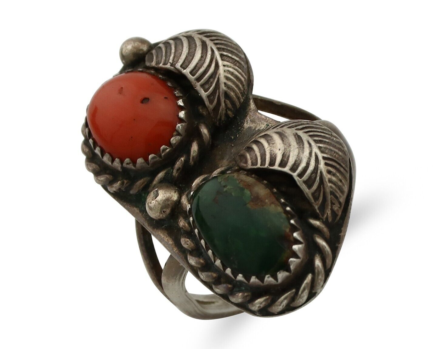 Navajo Ring 925 Silver Green Turquiose & Mediterranean Coral Native Artist C80s