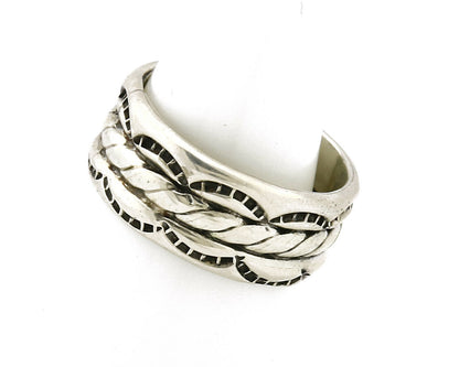 Navajo Ring .925 Silver Handmade Hand Stamped 3 Row Rope Band C.1980's Size 8.0