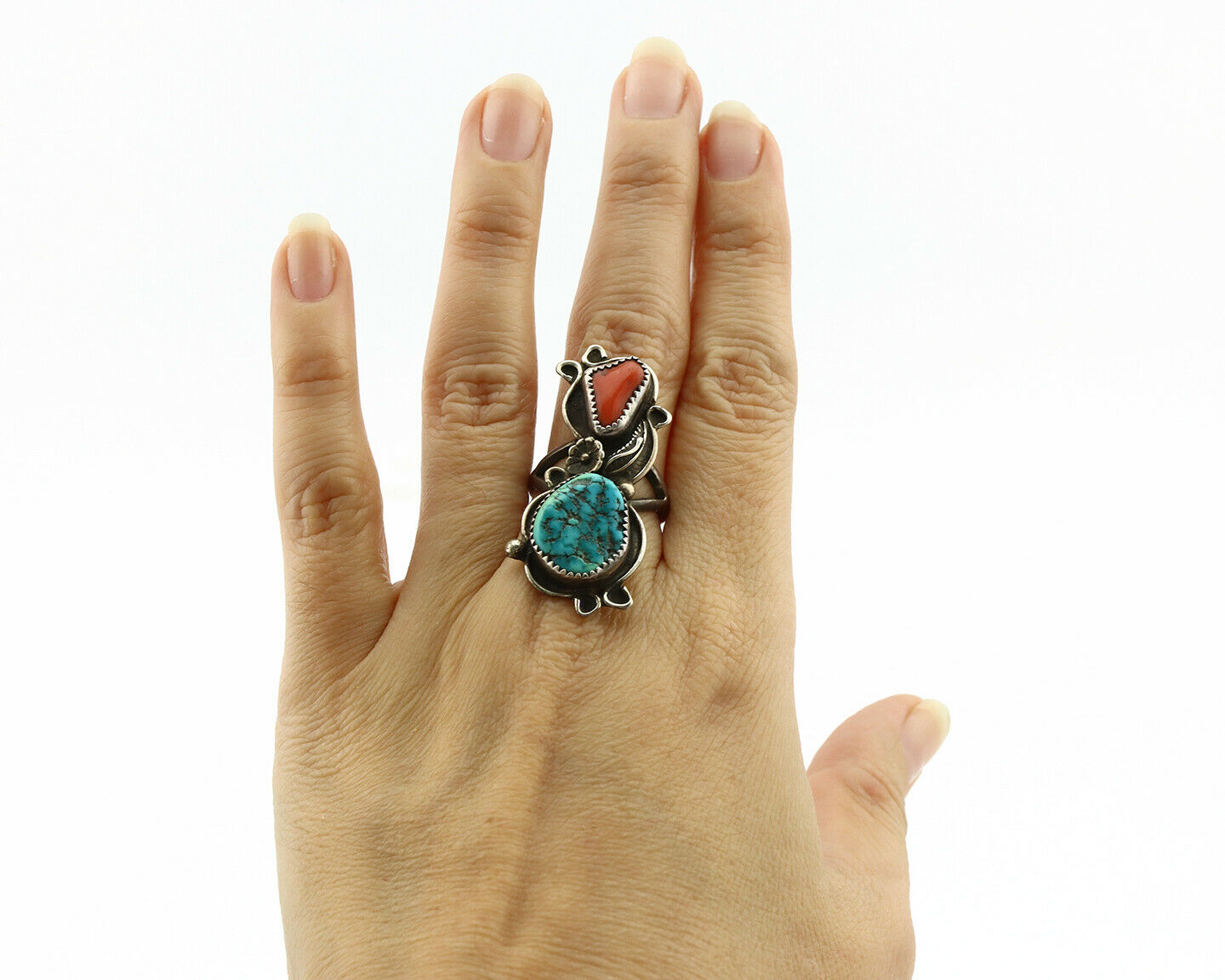 Navajo Ring .925 Silver Turquoise & Coral Native American Artist C.1980's