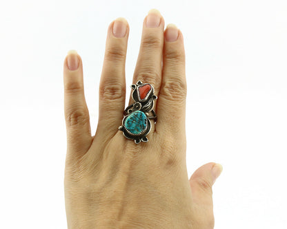 Navajo Ring .925 Silver Turquoise & Coral Native American Artist C.1980's