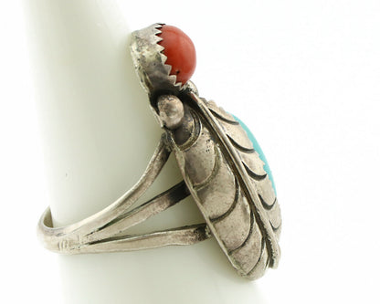 Navajo Ring .925 Silver Turquoise & Coral Native American Artist C.1980's