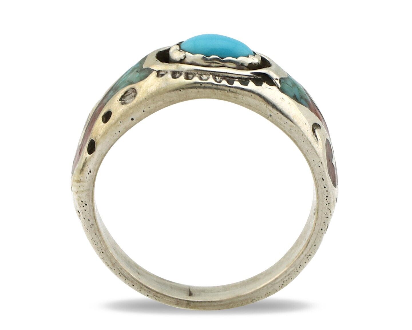 Navajo Handmade Ring 925 Silver Blue Turquoise & Coral Native American C.80's