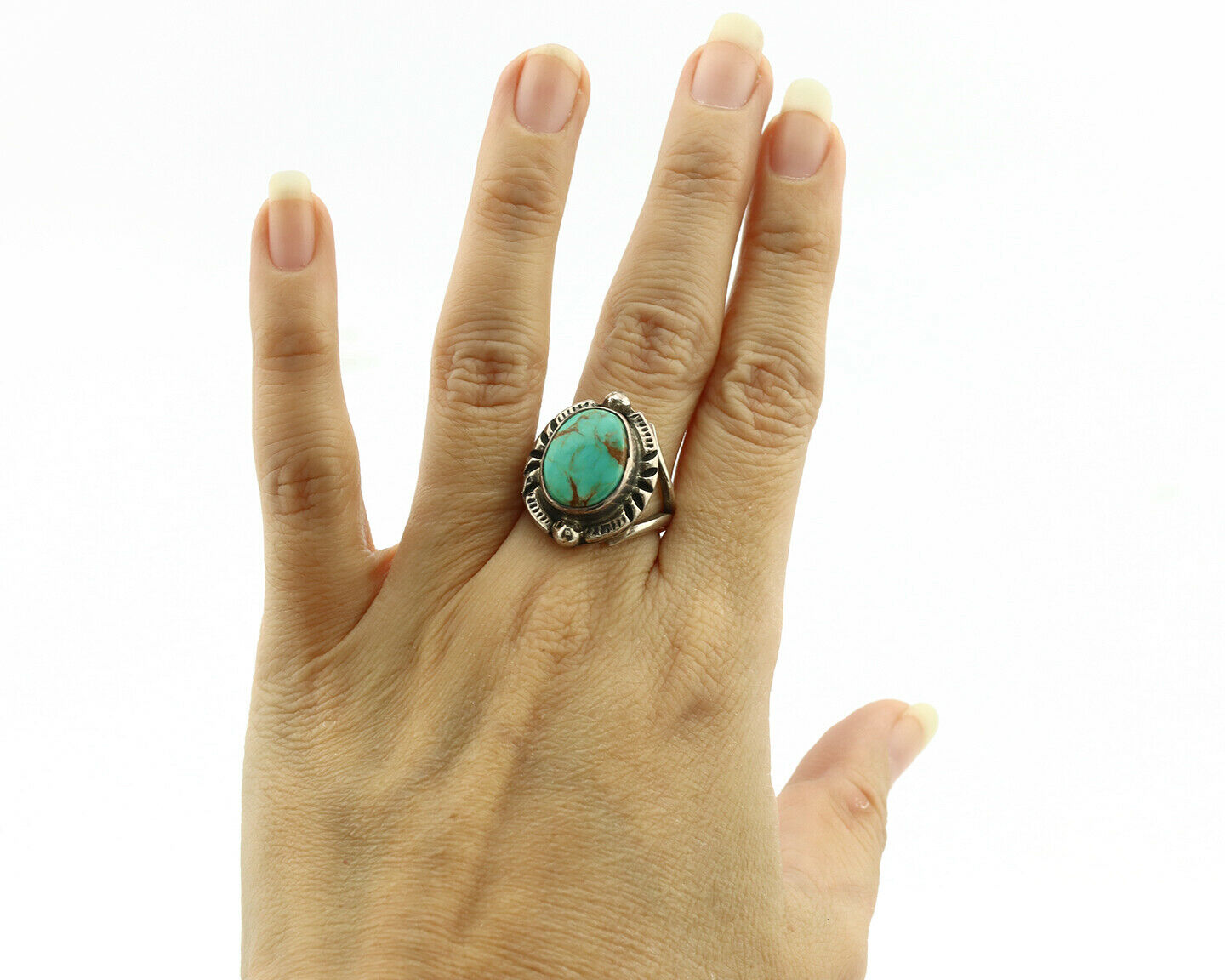 Navajo Ring .925 Silver Kingman Turquoise Artist Signed Gecko C.1980's