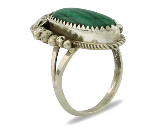 Navajo Ring 925 Silver Natural Green Malachite Signed Justin Morris C.80's
