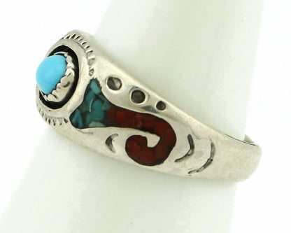 Navajo Handmade Ring 925 Silver Blue Turquoise & Coral Native American C.80's
