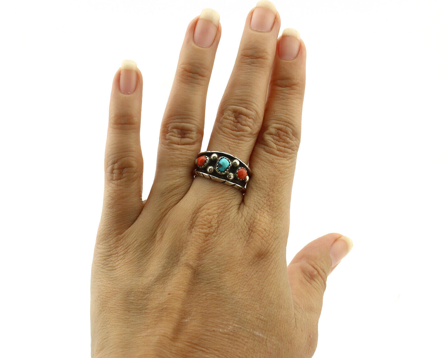 Navajo Ring 925 Silver Coral & Sleeping Beauty Turquoise Native Artist C.70's