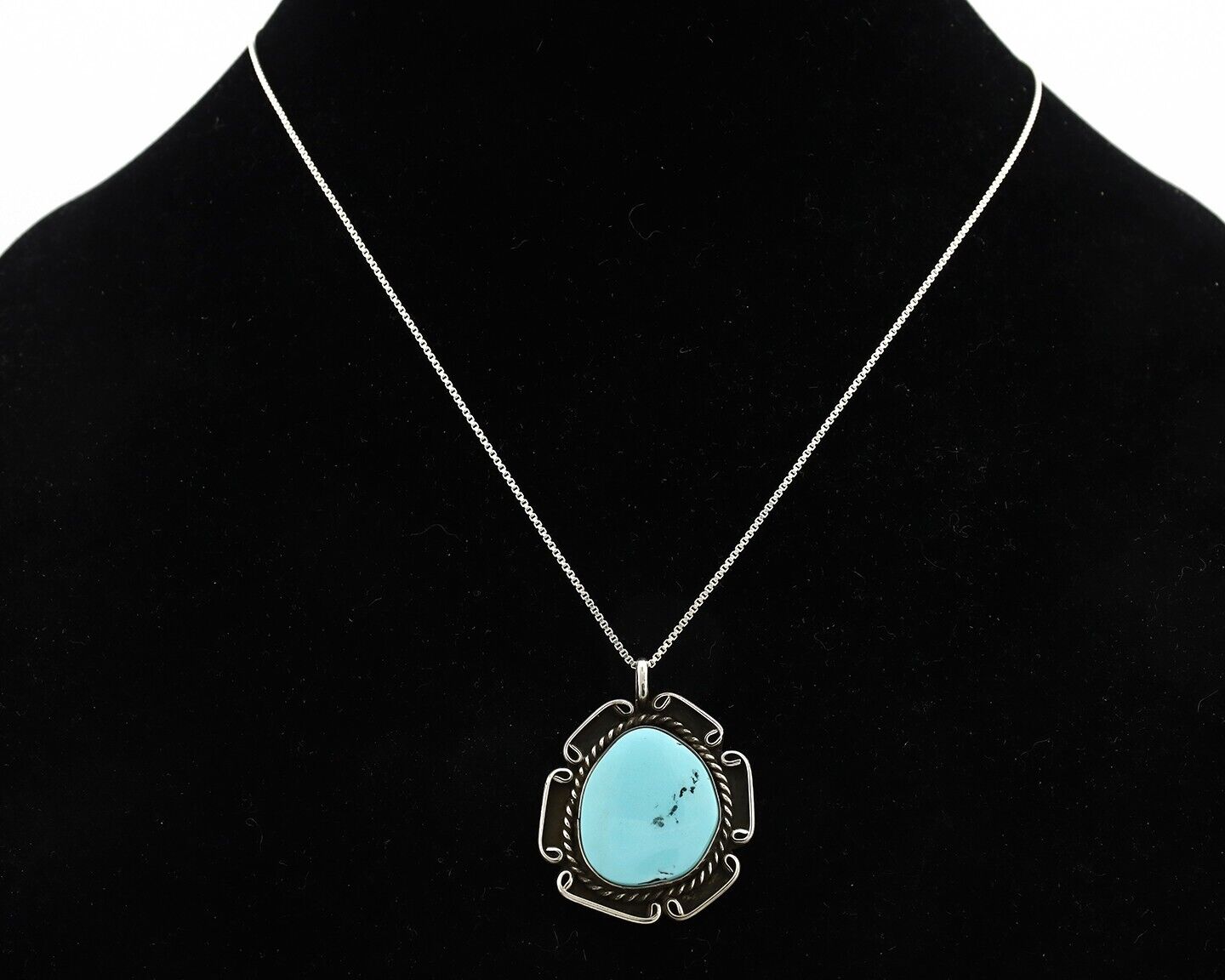 Navajo Handmade Necklace 925 Silver Natural Blue Turquoise Native Artist C.70's