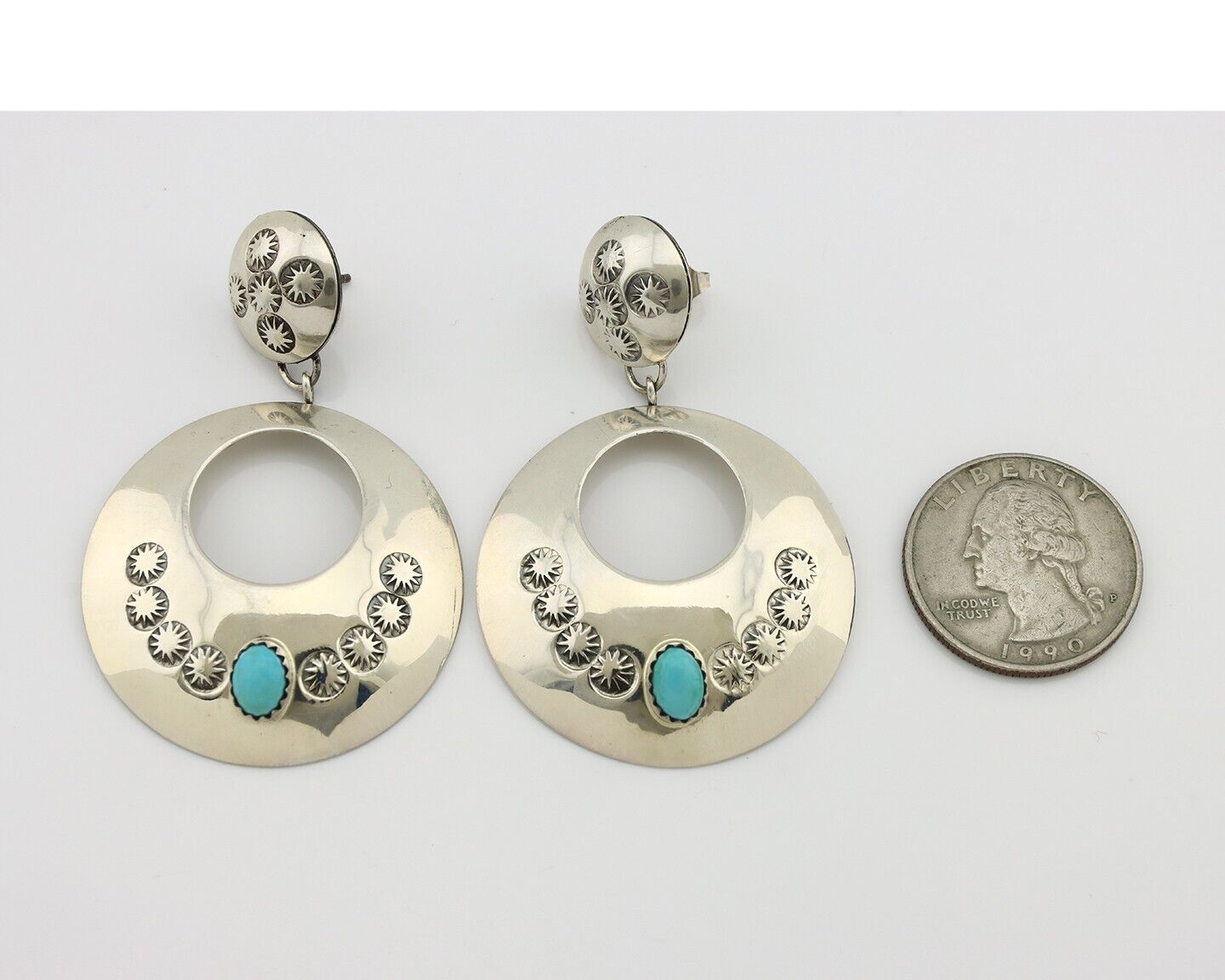 Navajo Handmade Earrings 925 Silver Blue Turquoise Signed Vera Jane C.80's