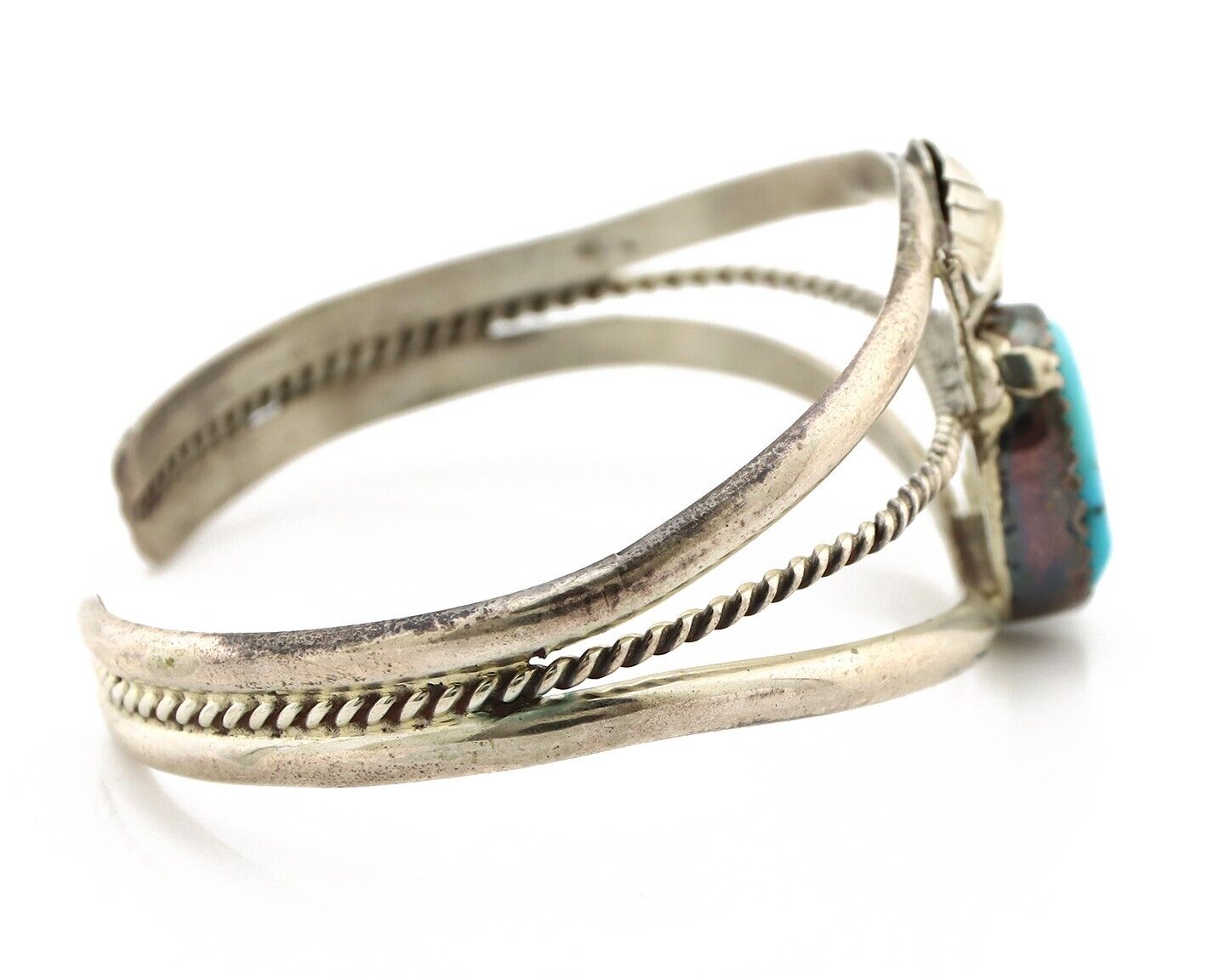 Navajo Chip Inlay Cuff Bracelet 925 Silver Turquoise Native American Artist C80s