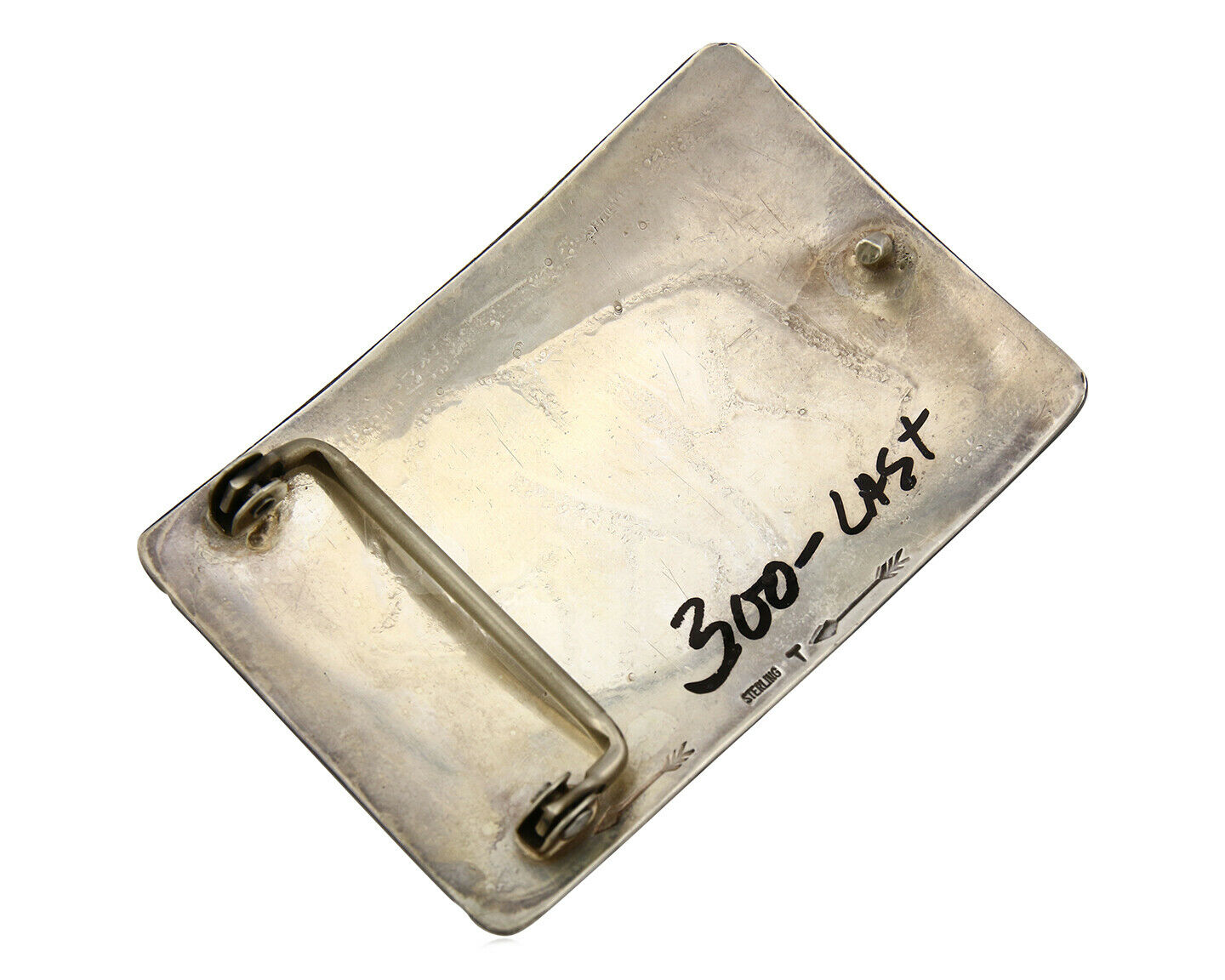 Navajo Belt Buckle .925 Silver Hand Stamped Overlay Signed T Arrow C.80's