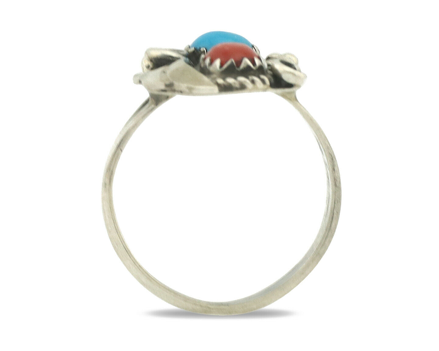 Navajo Ring .925 Silver Morenci Turquoise & Red Stone Native Artist Signed JM C.80's