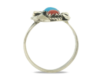 Navajo Ring .925 Silver Morenci Turquoise & Red Stone Native Artist Signed JM C.80's