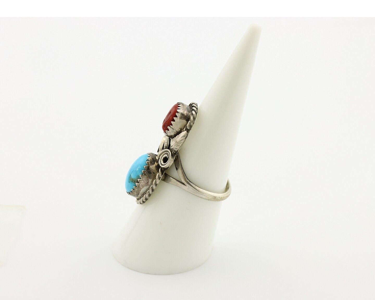 Navajo Ring 925 Silver Blue Turquiose & Coral Artist Signed Justin Morris C.80's