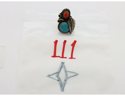 Navajo Handmade Ring 925 Silver Turquiose & Coral Native American Artist C.80's