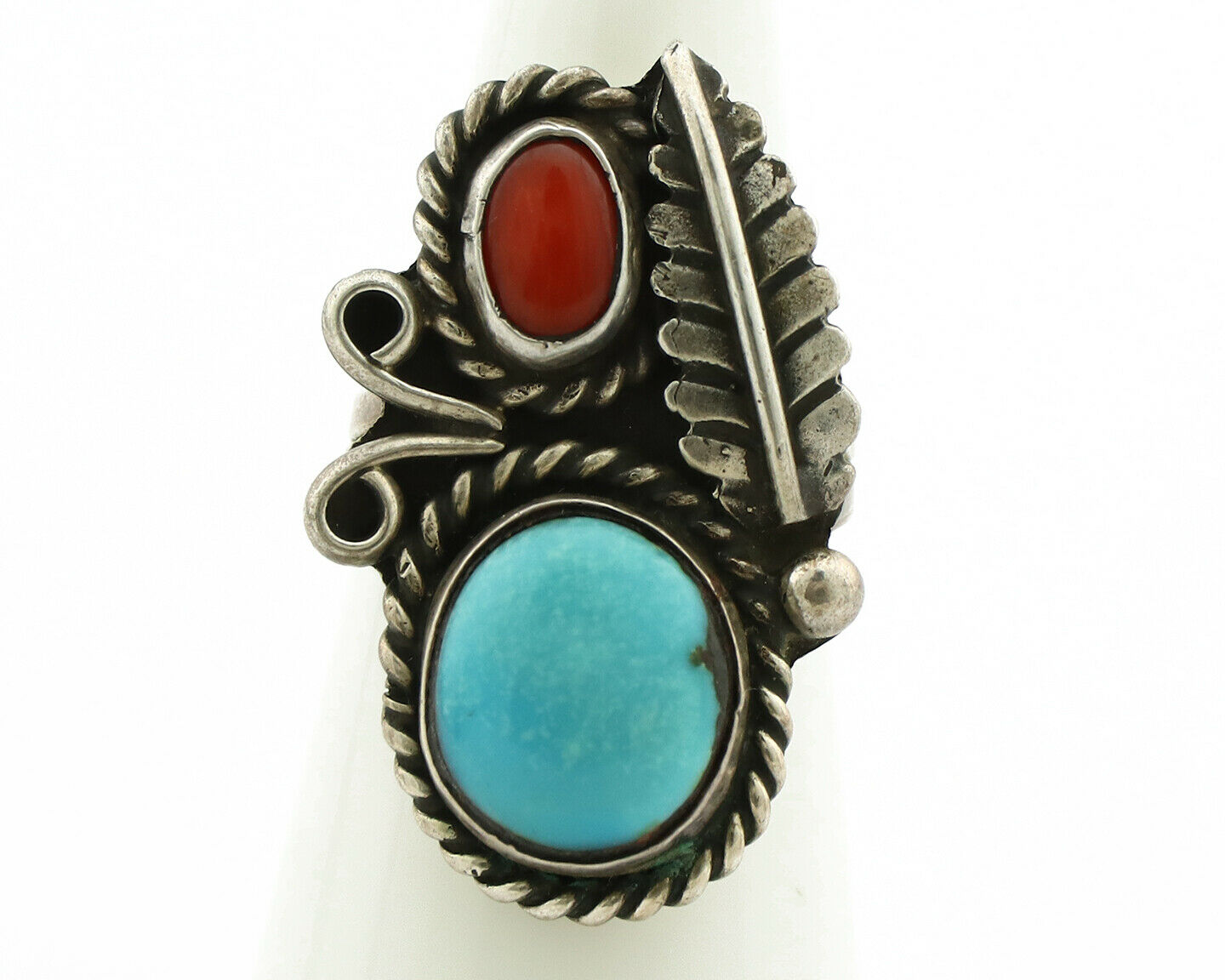 Navajo Ring .925 Silver Turquoise & Coral Native American Artist C.1975's