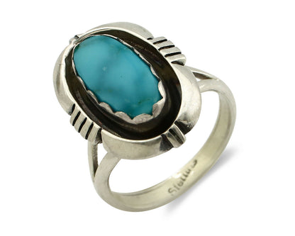 Navajo Ring .925 Silver Blue Gem Turquoise Handmade Native American Artist C80s