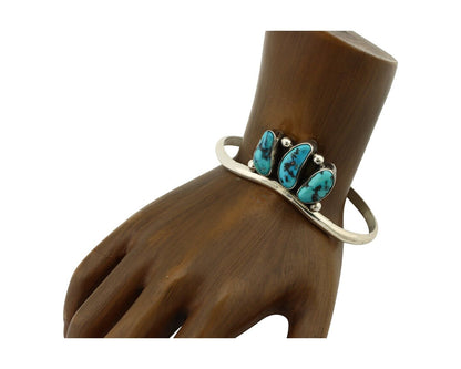 Navajo Bracelet 925 Silver Blue Kingman Turquoise Artist Signed E SANDAVOL C80s