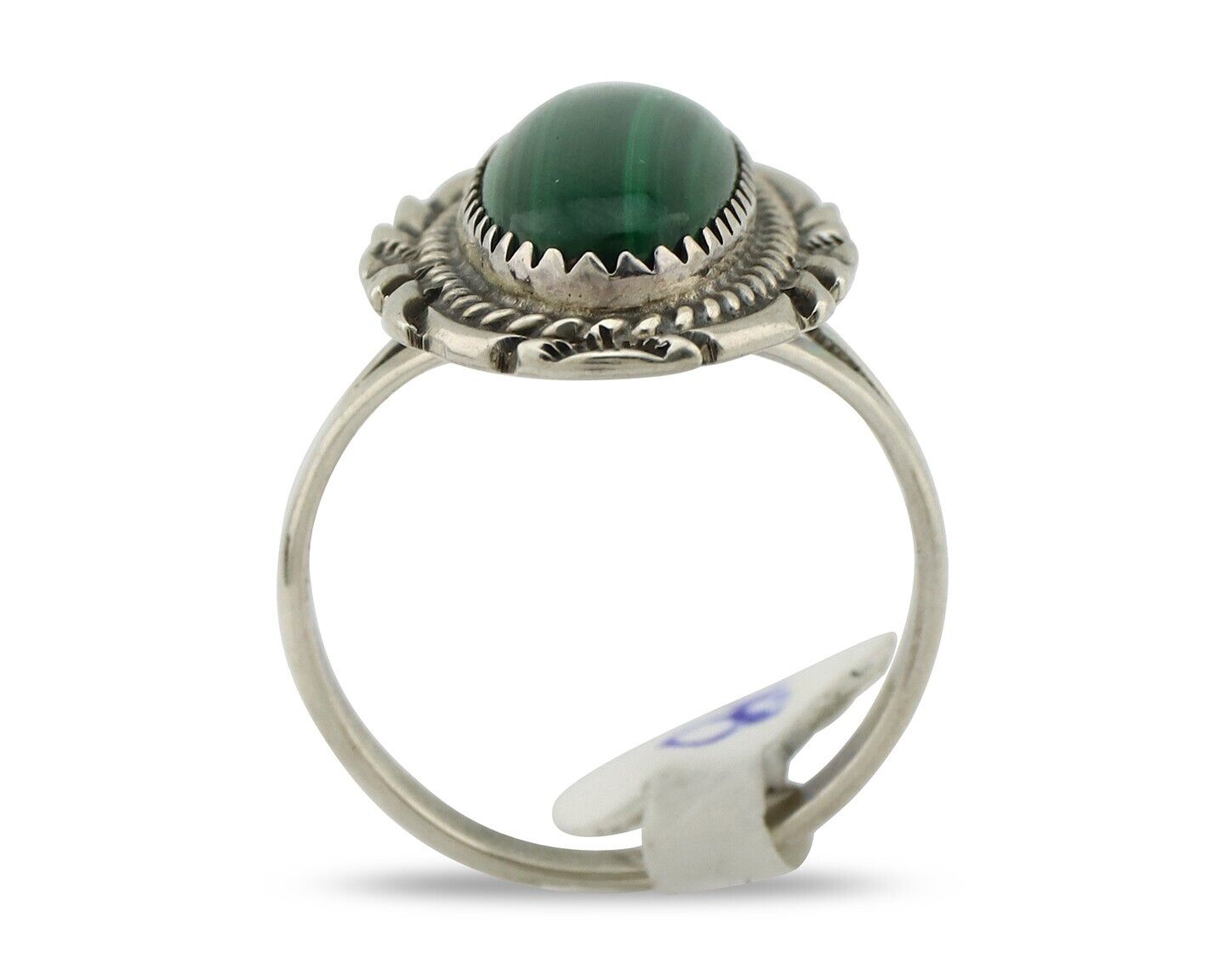 Navajo Ring .925 Silver Malachite Hand Stamped Native American Artist C.80's