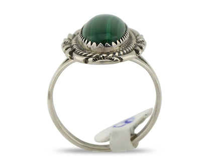 Navajo Ring .925 Silver Malachite Hand Stamped Native American Artist C.80's