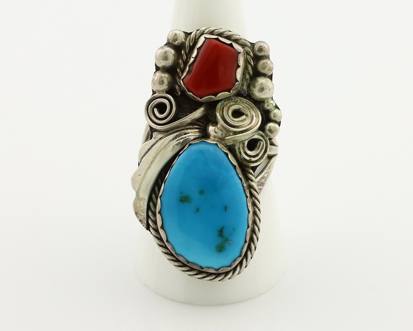 Navajo Ring 925 Silver Blue Turquiose & Coral Artist Signed Justin Morris C.80's