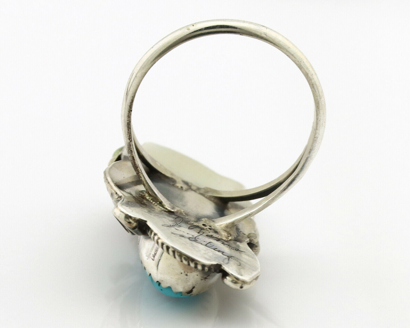 Navajo Ring .925 Silver Turquoise & Coral Artist Signed J Morris C.80's