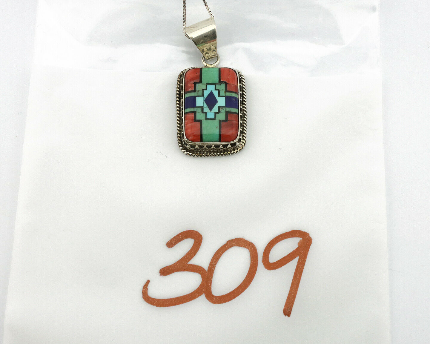 Navajo Handmade Inlaid Gemstone Pendant .925 Silver Signed SN C.80's
