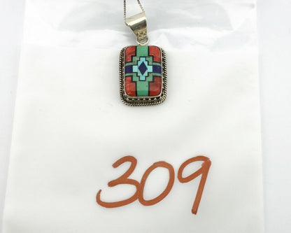 Navajo Handmade Inlaid Gemstone Pendant .925 Silver Signed SN C.80's