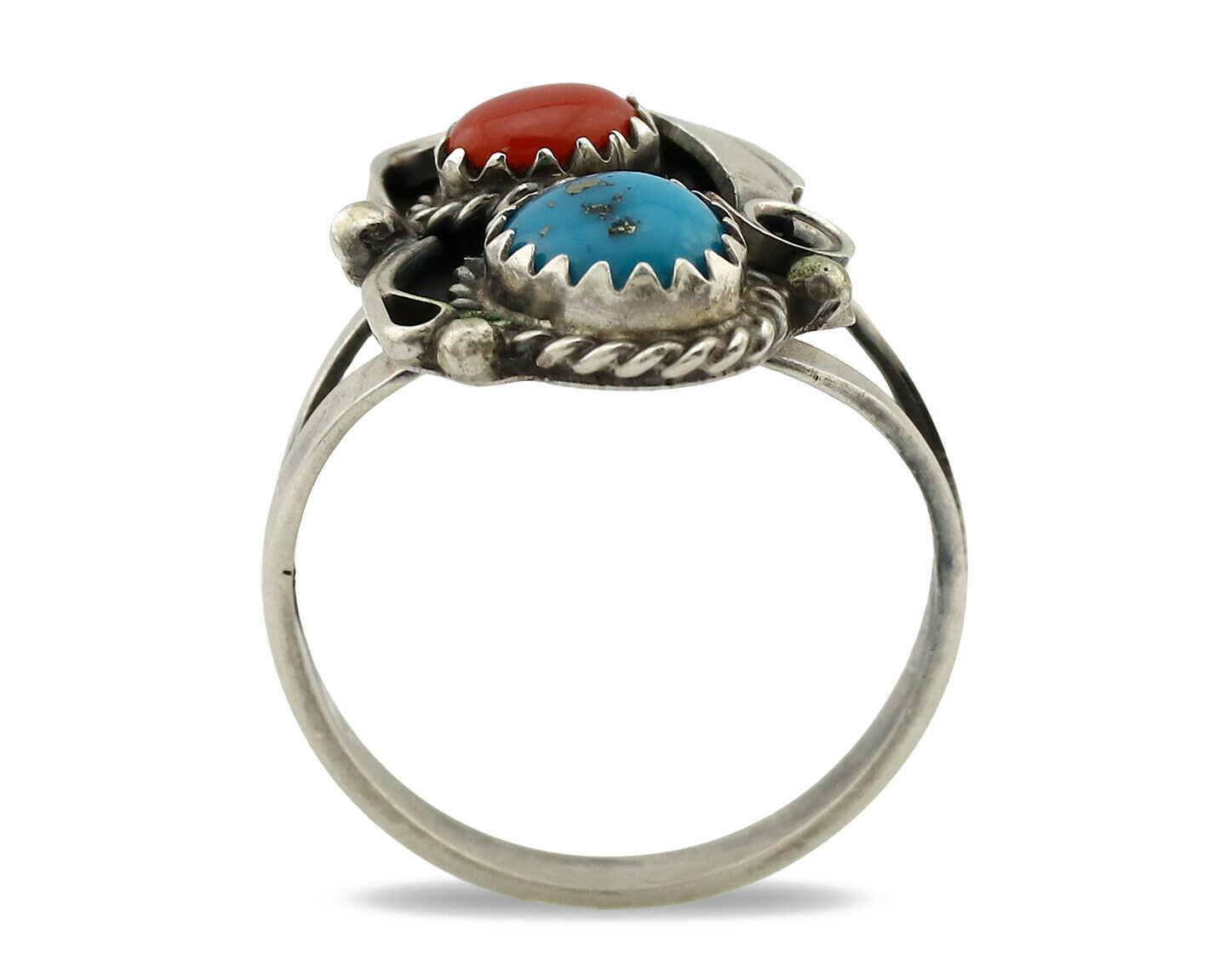 Navajo Ring .925 Silver Turquoise & Coral Artist Signed J Morris C.80's