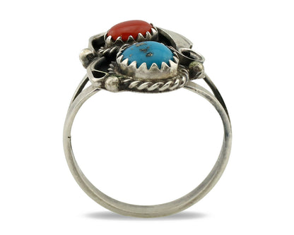 Navajo Ring .925 Silver Turquoise & Coral Artist Signed J Morris C.80's