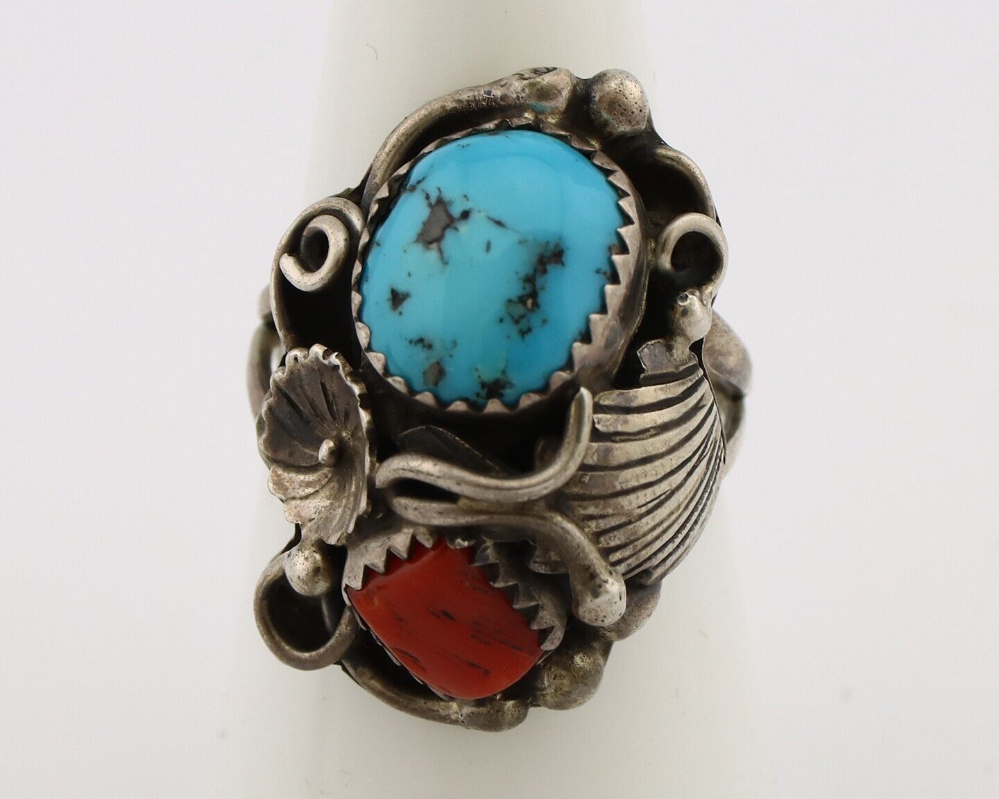 Navajo Handmade Ring 925 Silver Turquiose & Coral Artist Signed M C.80's