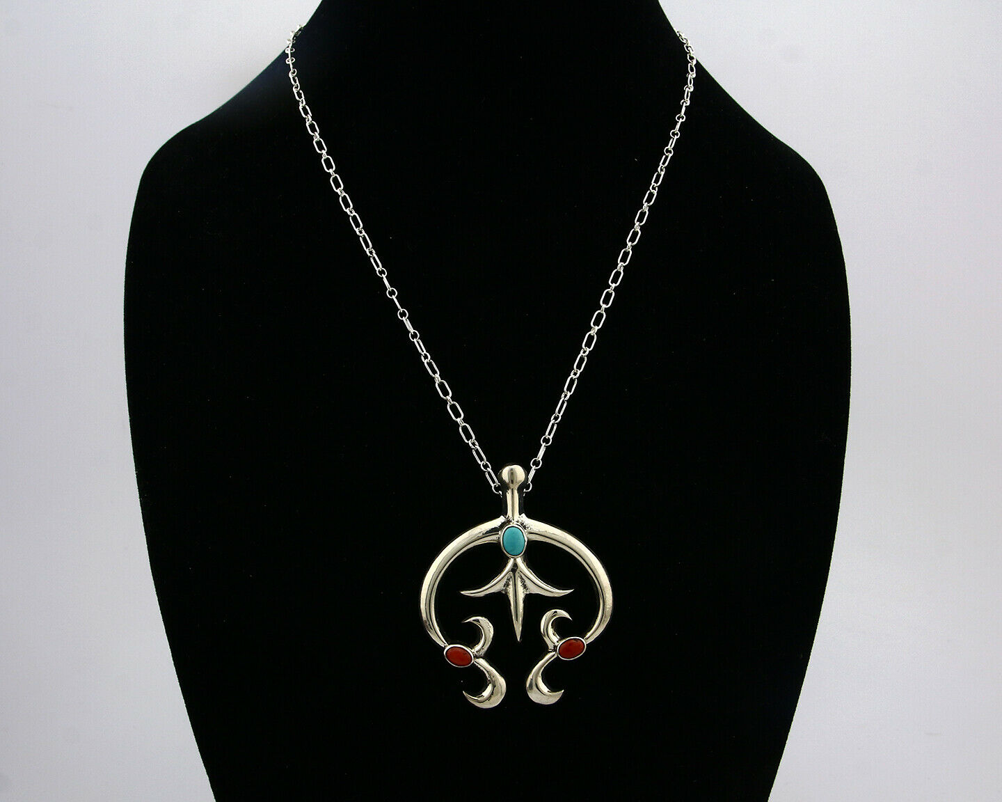 Navajo Necklace .925 Silver Natural Red Coral Turquoise Artist Native C.80's