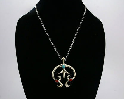 Navajo Necklace .925 Silver Natural Red Coral Turquoise Artist Native C.80's