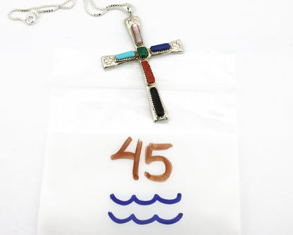 Zuni Handmade Cross Necklace 925 Silver Natural Gemstone Signed W. IULE C.80's