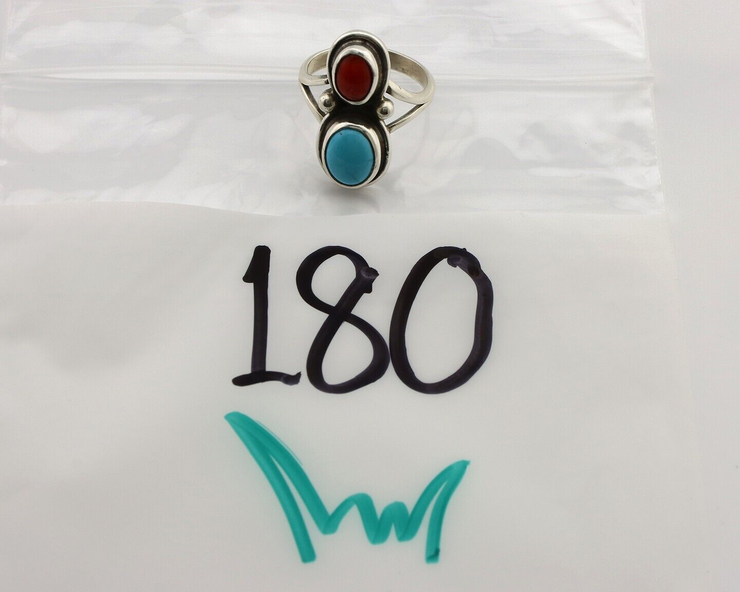 Navajo Handmade Ring 925 Silver Coral & Turquoise Native American Artist C.80's