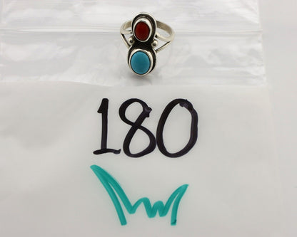 Navajo Handmade Ring 925 Silver Coral & Turquoise Native American Artist C.80's