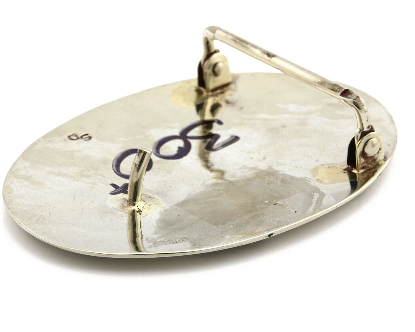 Navajo Belt Buckle .999 Nickle Silver Turquoise Coral Signed SD C.80's