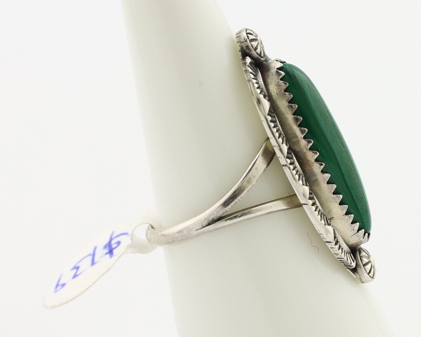 Navajo Ring .925 Silver Malachite Hand Stamped Signed Herman Lee C.80's