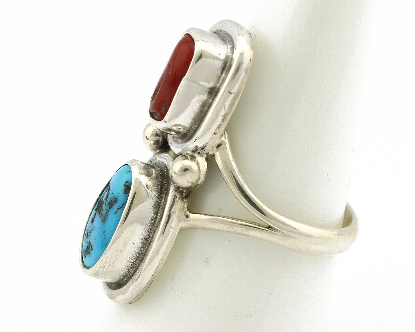 Navajo Ring .925 Silver Blue Turquoise & Red Coral Native American Artist C.80's