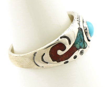 Navajo Inlay Band Ring 925 Silver Turquoise & Coral Native Artist C.80's