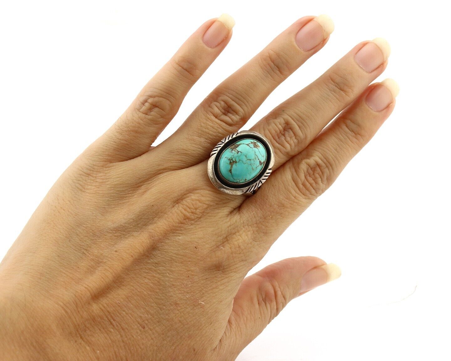 Navajo Handmade Ring 925 Silver Spiderweb Turquoise Signed Native Artist C.80's