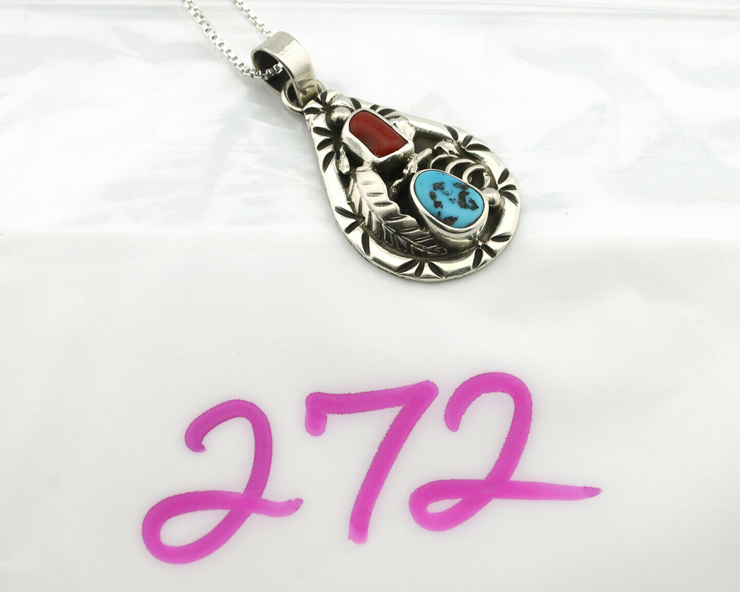 Navajo Necklace .925 Silver Natural Blue Turquoise & Coral Tipi Artist C.80's