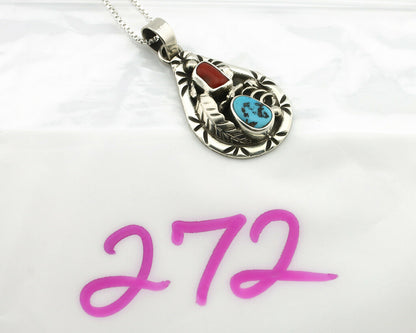 Navajo Necklace .925 Silver Natural Blue Turquoise & Coral Tipi Artist C.80's