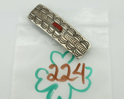 Women's Navajo Hair Clip .925 Silver Inlaid Red Coral Native American Artist 80s