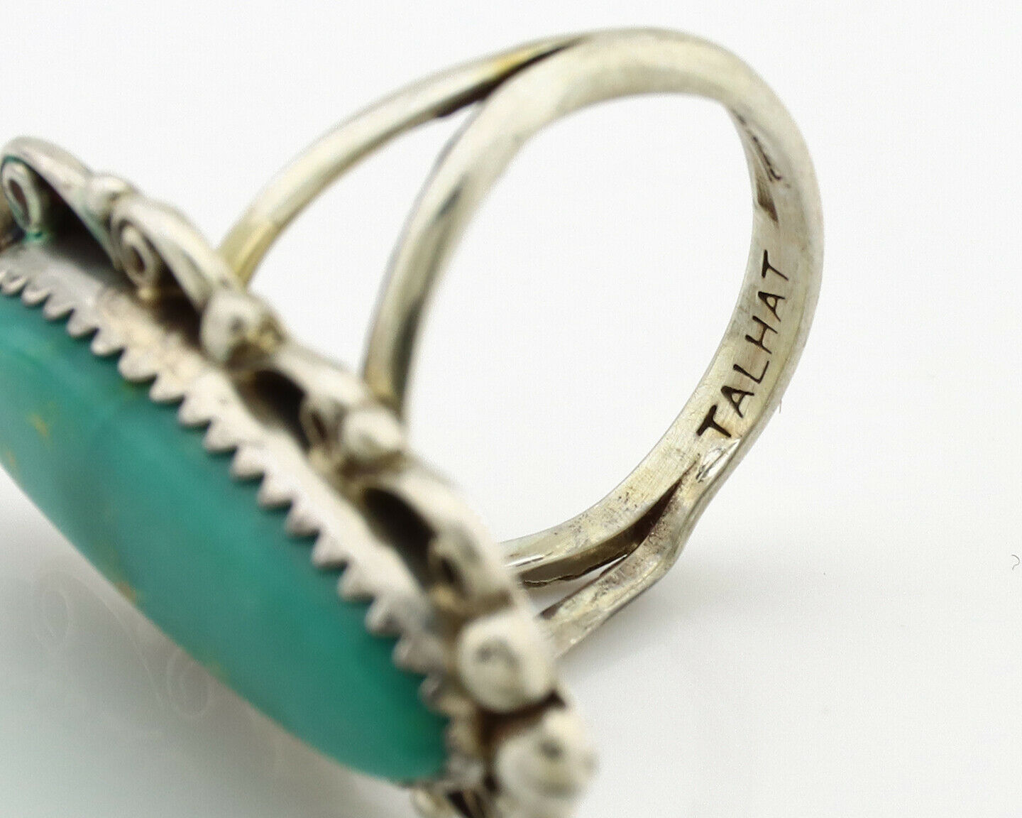 Navajo Ring .925 Silver Blue Southwest Turquoise Signed TALHAT C.80's