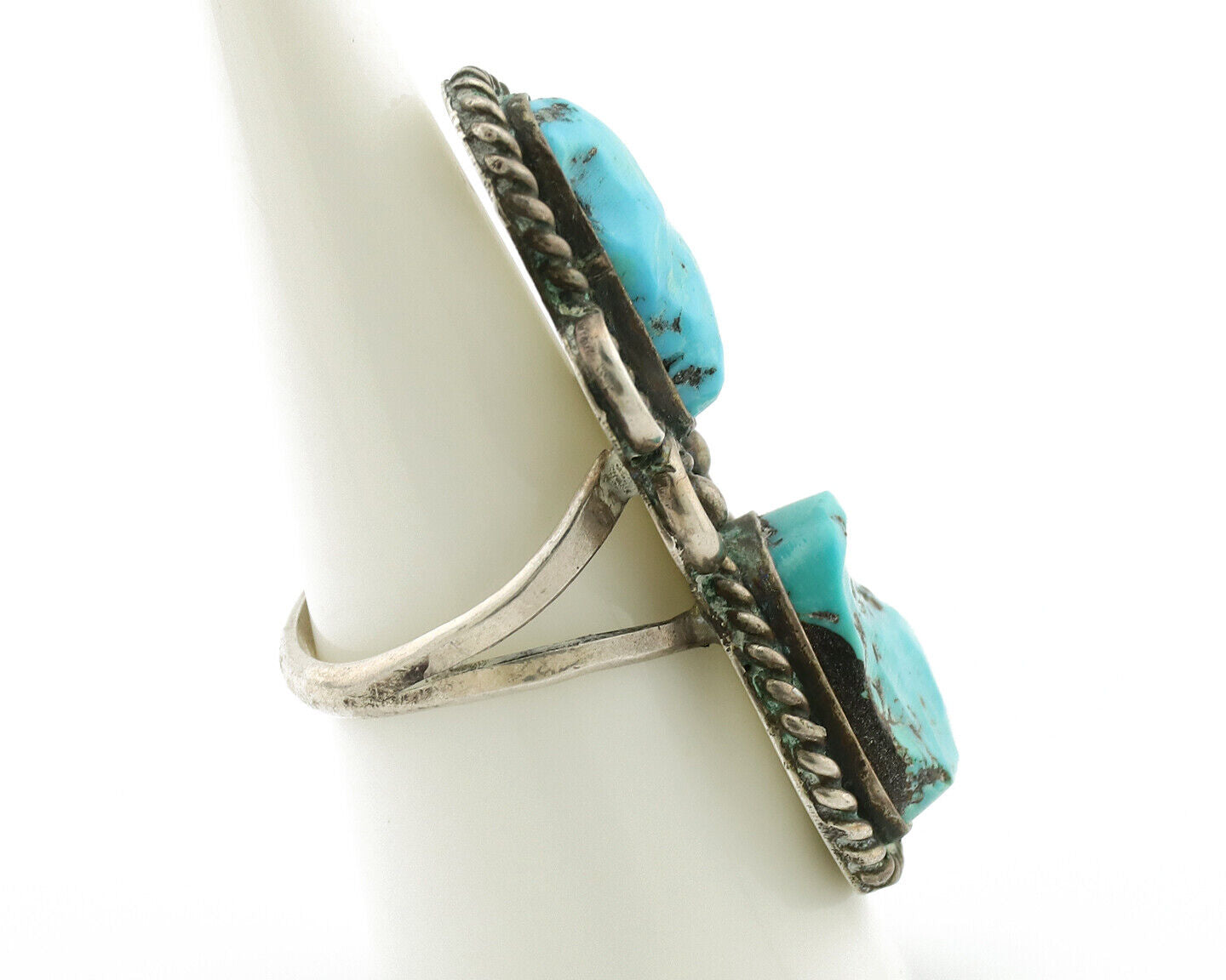 Navajo Ring .925 Silver Globe Turquoise Hand Stamped Native American Artist C80s