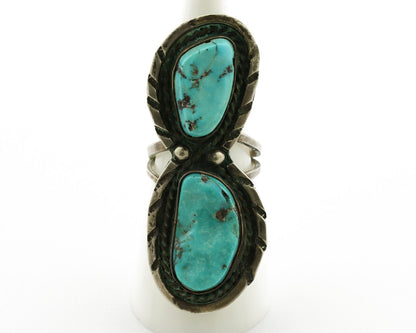 Navajo Ring .925 Silver Globe Turquoise Hand Stamped Native American Artist C80s