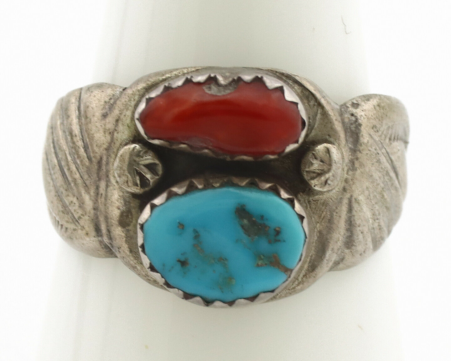 Zuni Ring .925 Silver Natural Turquoise & Coral Native American Artist C.1980's