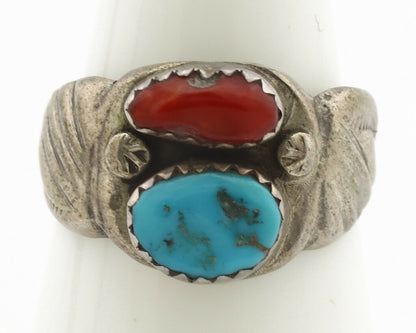 Zuni Ring .925 Silver Natural Turquoise & Coral Native American Artist C.1980's